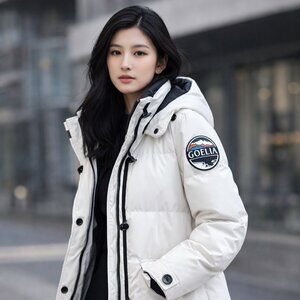 GOELIA White Long Goose Down Hooded Puffer Coat Parka